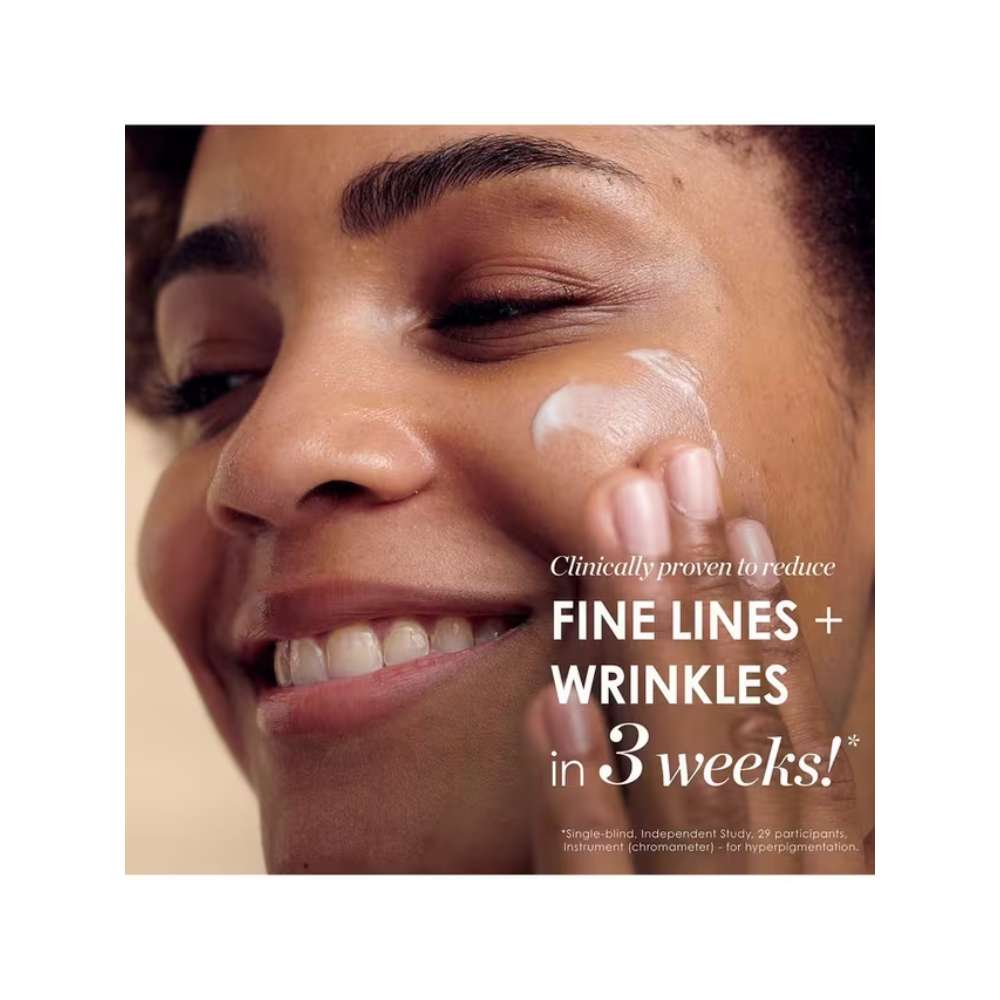 Advertisement for a skincare product showing a woman applying cream to her face with text claiming results on fine lines and wrinkles.