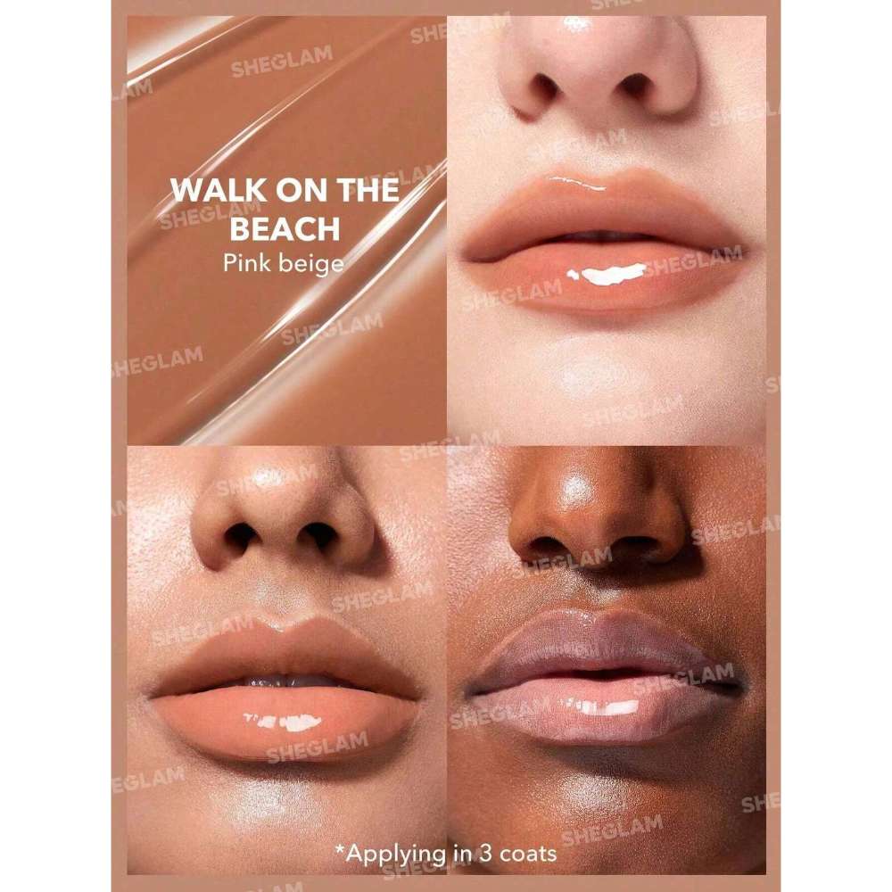 Lipstick shade swatches labeled 'Walk on the Beach' with a pink beige color.