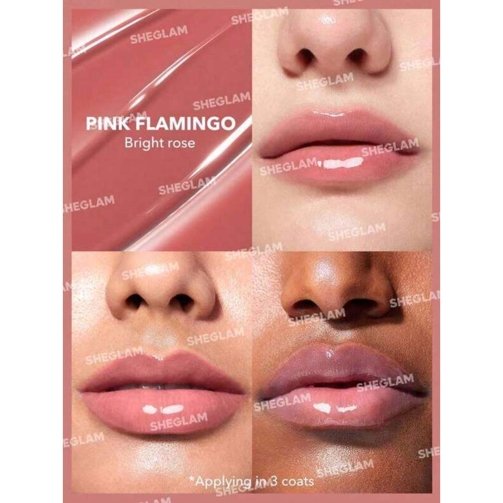 Sheglam Pink Flamingo lipstick on lips with close-up of packaging