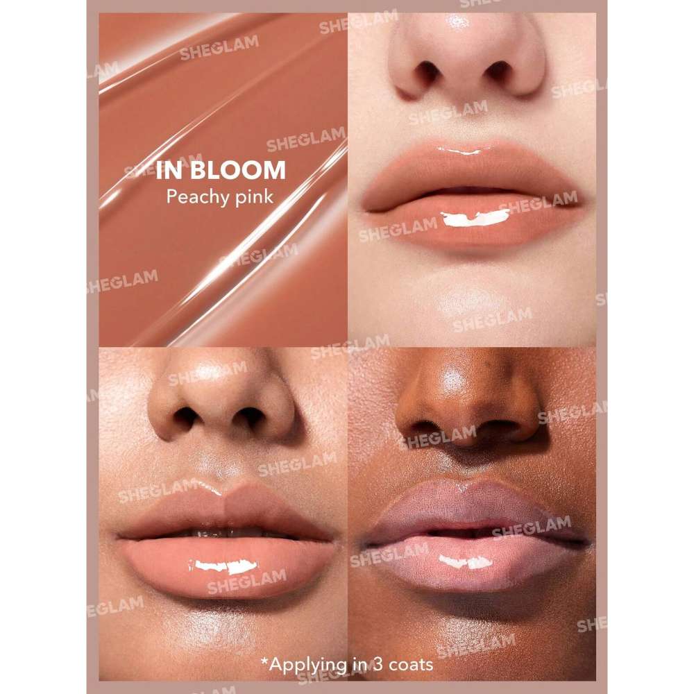Lipstick shade swatches on a beige background with 'SHEGLAM' branding.