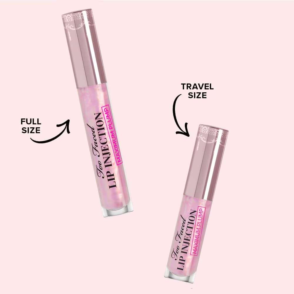 Two lip plumpers, one full size and one travel size, on a pink background.