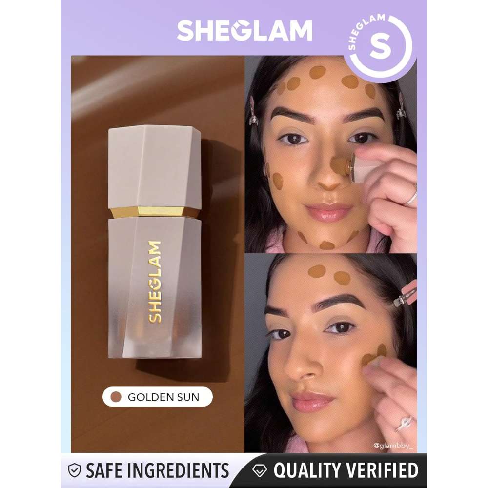 SHEGLAM foundation bottle with a woman applying it to her face, featuring the brand's logo and product details.