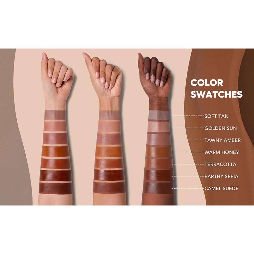 Color swatches on arms with labeled skin tones on a beige background