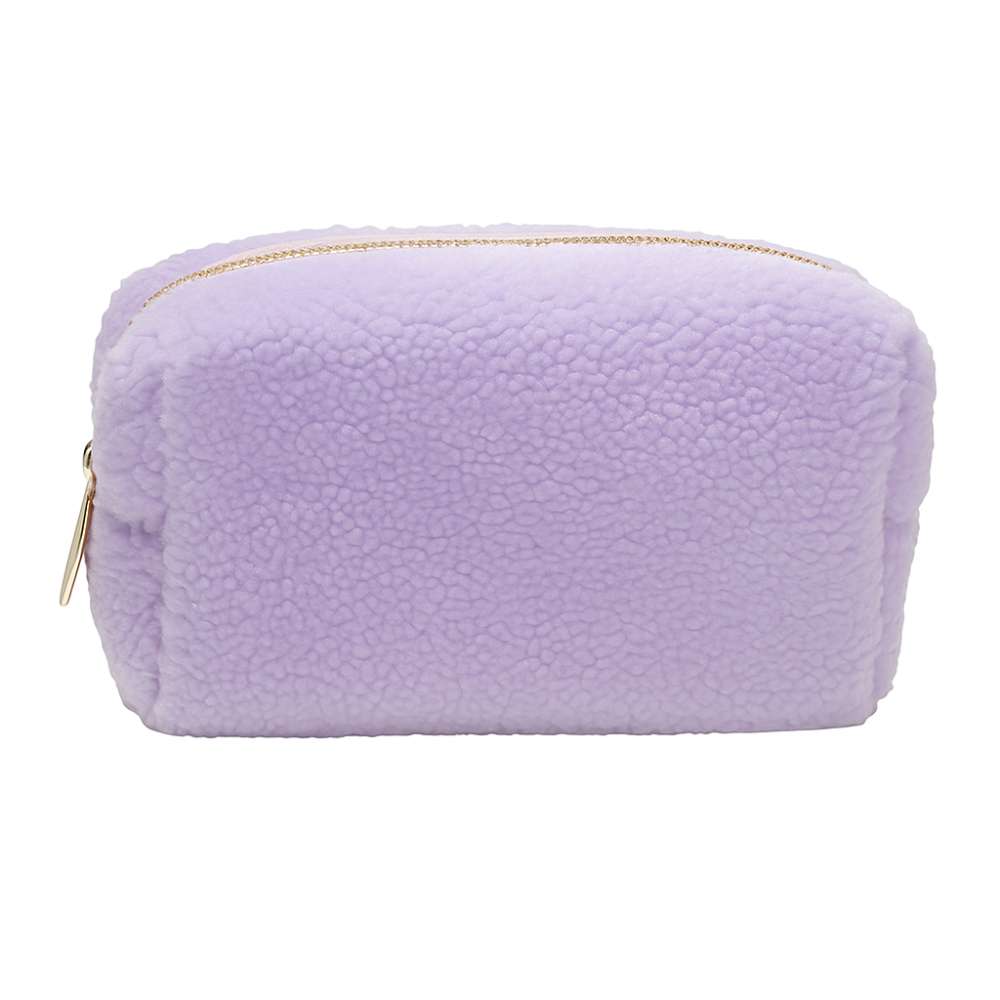 Purple fuzzy pouch with a gold zipper on a white background