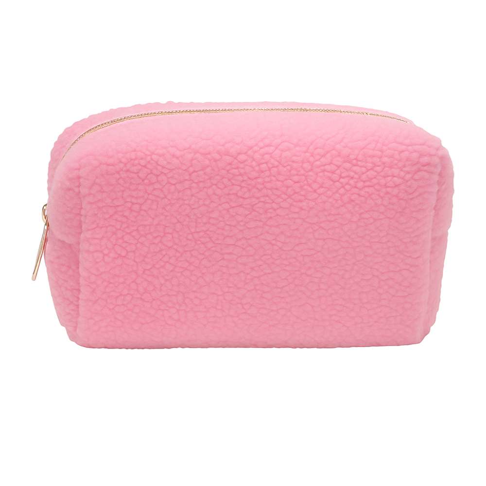 Pink textured pouch with a gold zipper on a white background