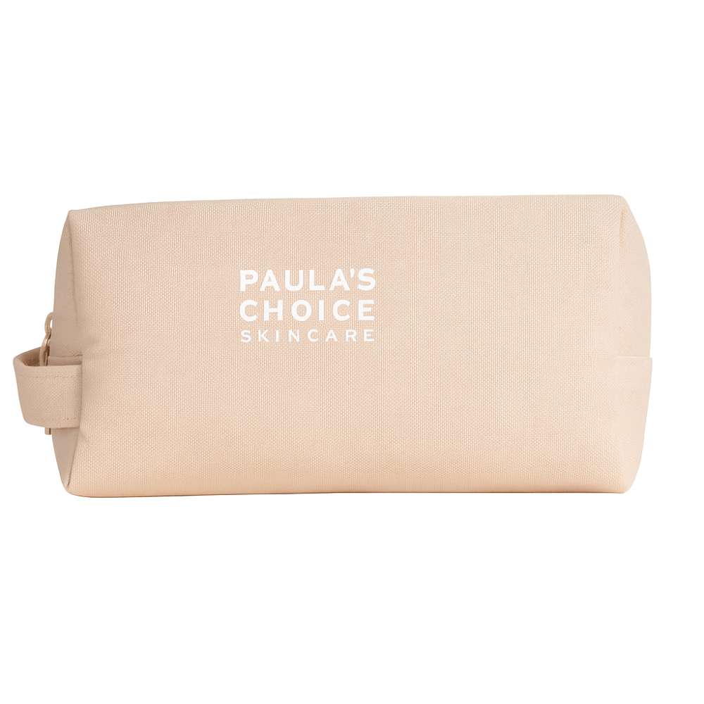 Beige toiletry bag with 'Paula's Choice Skincare' text on a white background