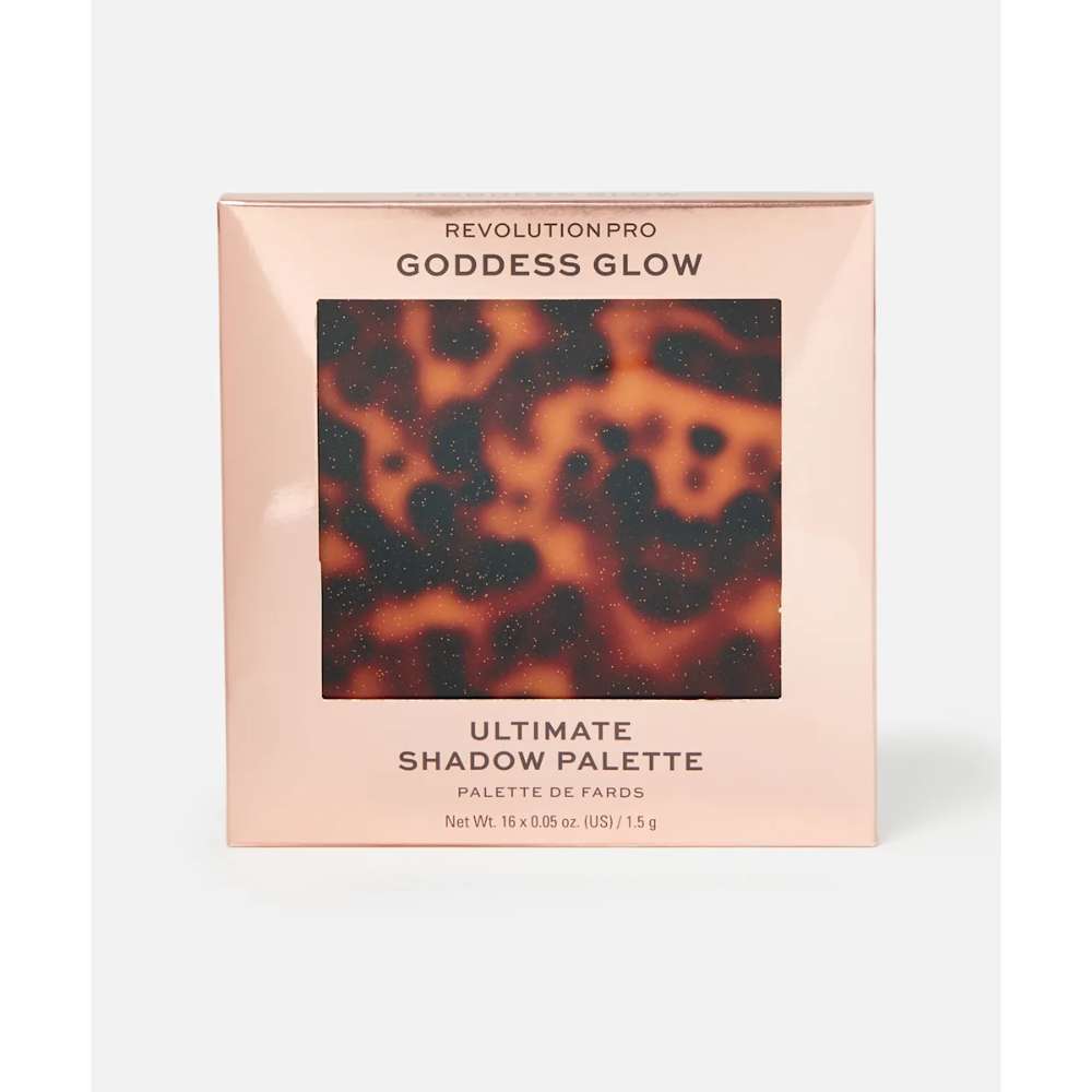 Revolution Pro Goddess Glow Ultimate Shadow Palette packaging with tortoiseshell pattern on a white background