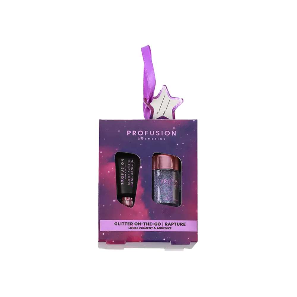 Profusion Cosmetics glitter on-the-go kit packaging with star-shaped tag on a white background