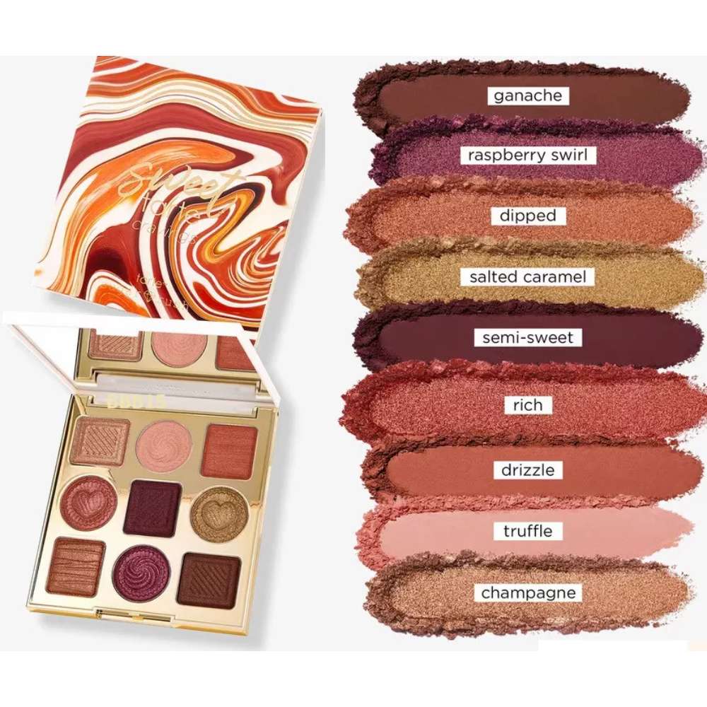Makeup palette with swatches labeled on a white background