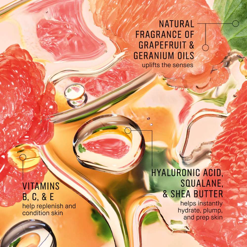 Grapefruit and geranium oil product with text highlighting ingredients and benefits