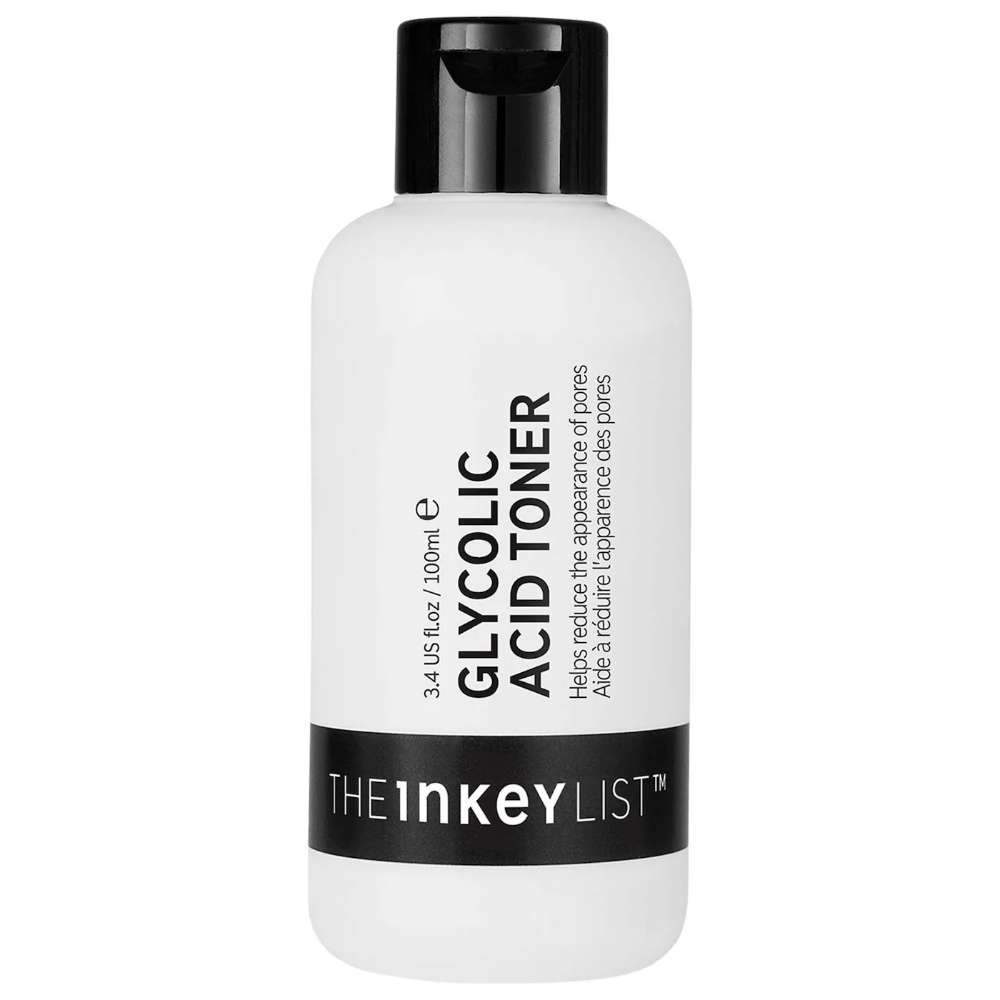 White bottle of Glycolic Acid Toner with black cap and label on a white background