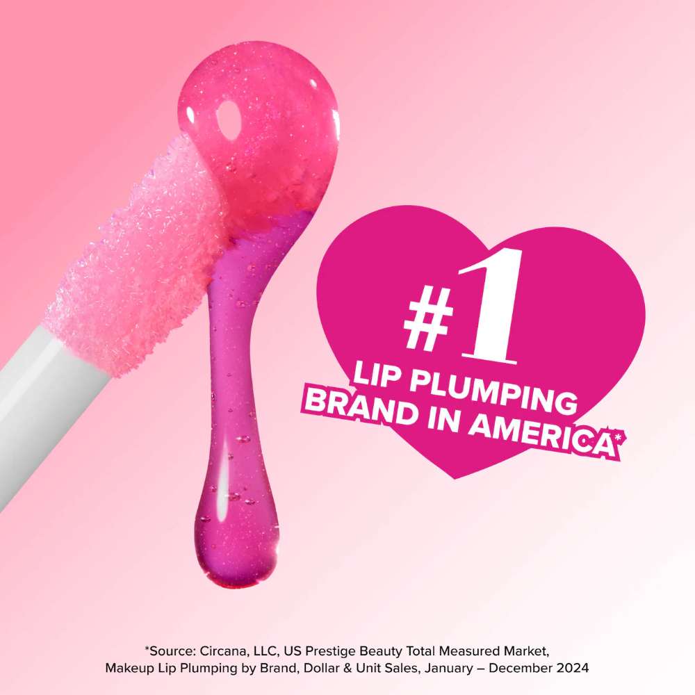 Pink lip plumping tool with a heart-shaped badge declaring '#1 Lip Plumping Brand in America' on a pink background.