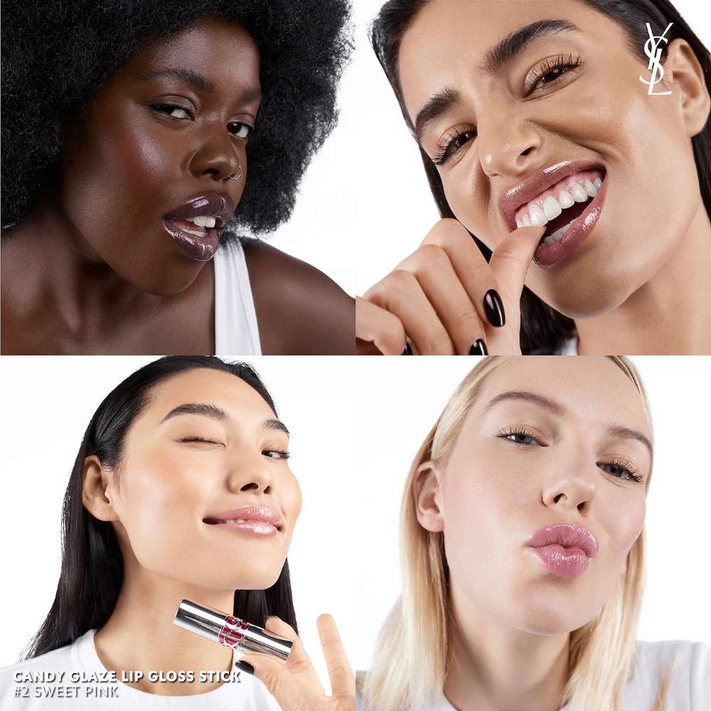 Collage of four women with close-up shots of their lips, featuring a YSL logo.