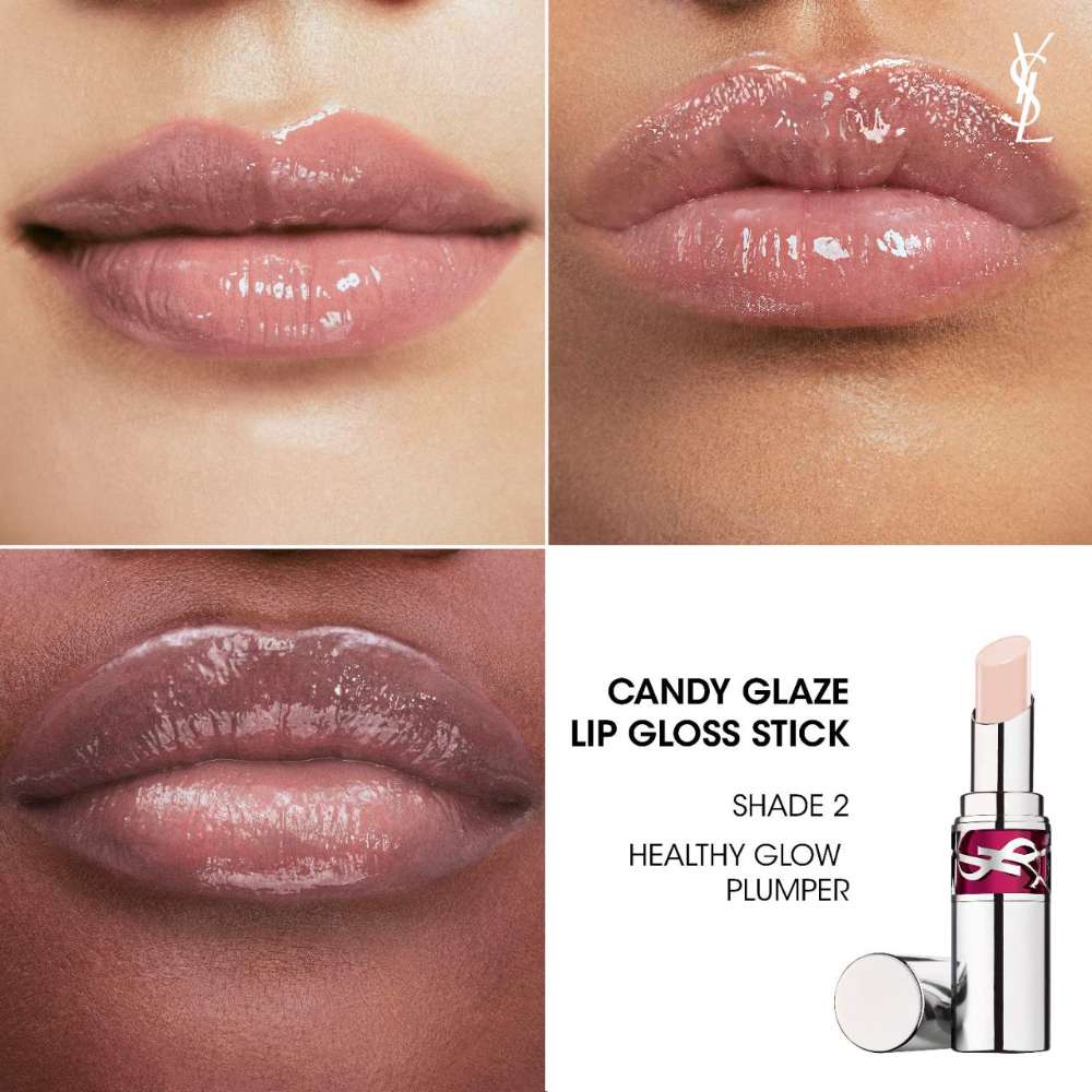 YSL Candy Glaze Lip Gloss Stick on lips with product packaging