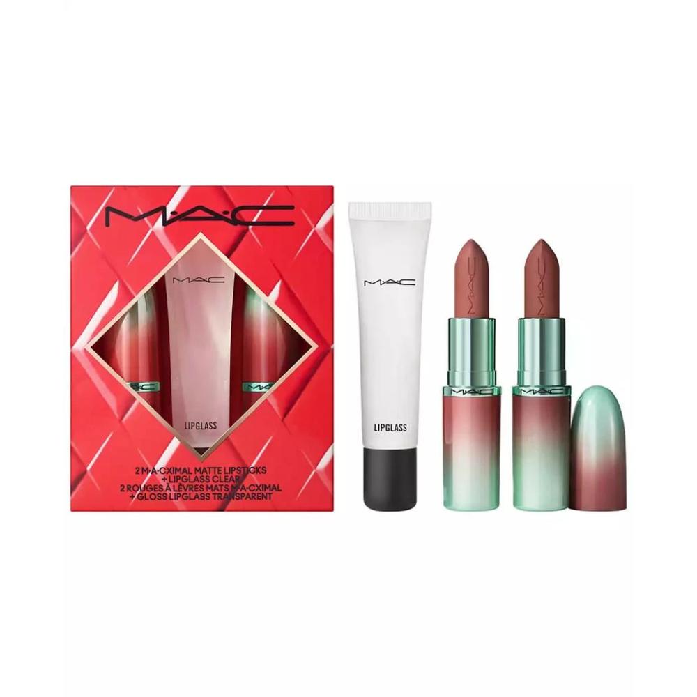 MAC lip product set with lip gloss, lip balm, and lipsticks on a white background