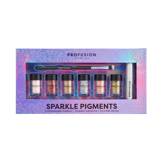 Profusion Cosmetics sparkle pigments set in a box with a brush on a white background