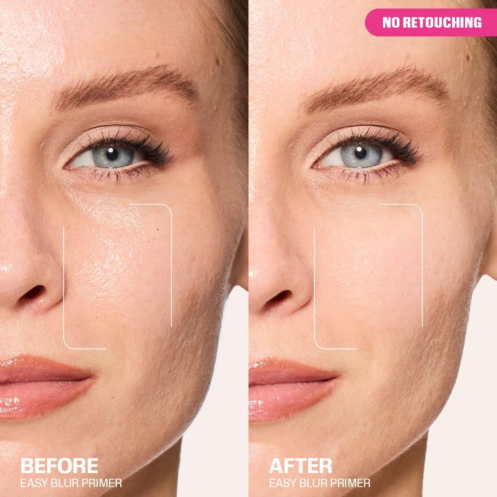 Before and after comparison of a woman's face using an easy blur primer with no retouching.