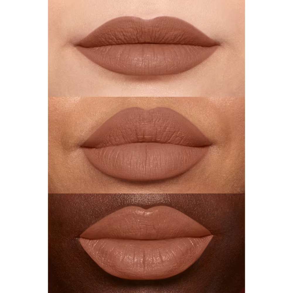 Three different shades of brown lipstick on lips with a neutral background