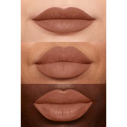 Three different shades of brown lipstick on lips with a neutral background