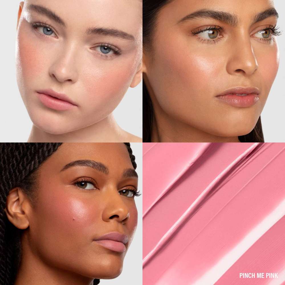 Collage of three women's faces with close-up of pink makeup product labeled 'Pinch Me Pink'.