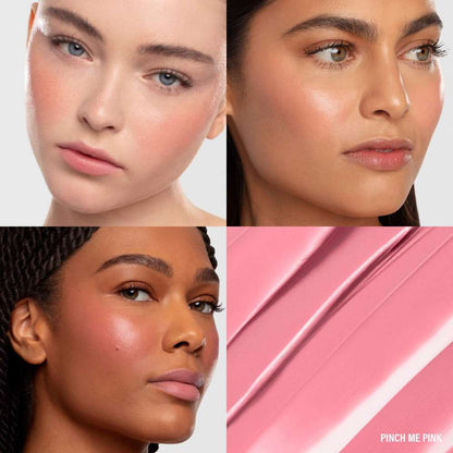 Collage of three women's faces with close-up of pink makeup product labeled 'Pinch Me Pink'.