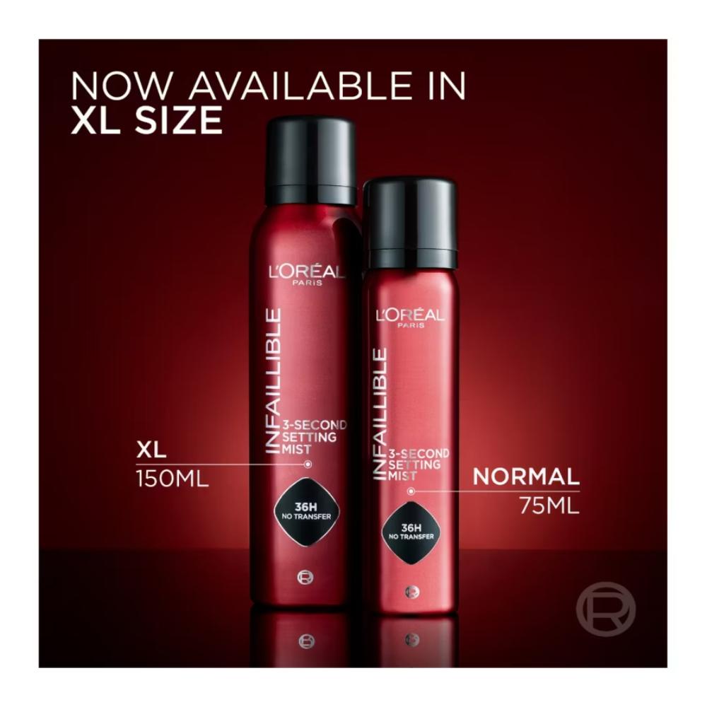 L'Oreal Infallible setting mist bottles with size comparison on a red background
