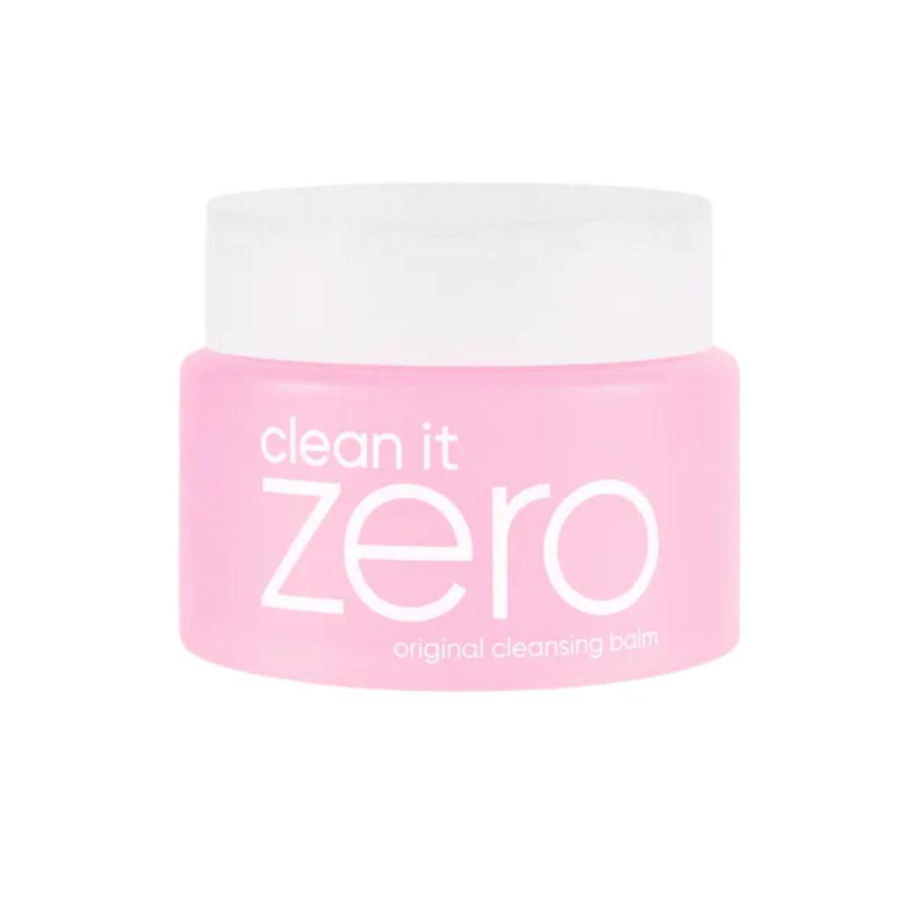Pink and white jar of 'clean it zero' cleansing pad on a white background