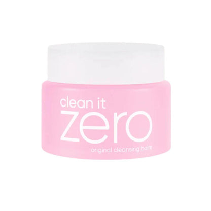 Pink and white jar of 'clean it zero' cleansing pad on a white background