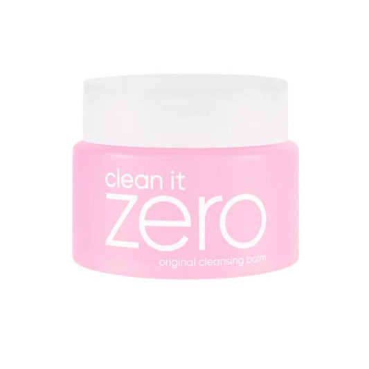 Pink and white jar of 'clean it zero' cleansing pad on a white background