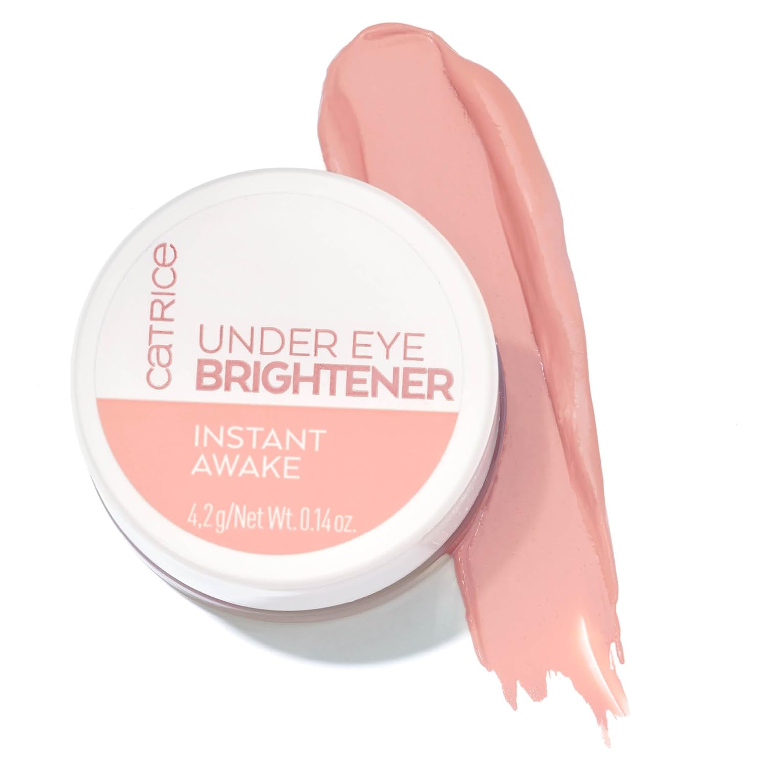 Catrice Cosmetics Under Eye Brightener in a jar with a swatch of the cream color next to it, indicating a luminous finish for brightening the under-eye area.