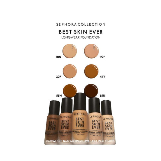 Sephora Collection Best Skin Ever foundation shades with bottles on a white background