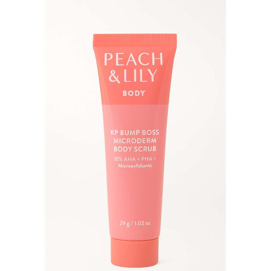 Peach & Lily KP Bump Boss Microderm Body Scrub tube on a white background