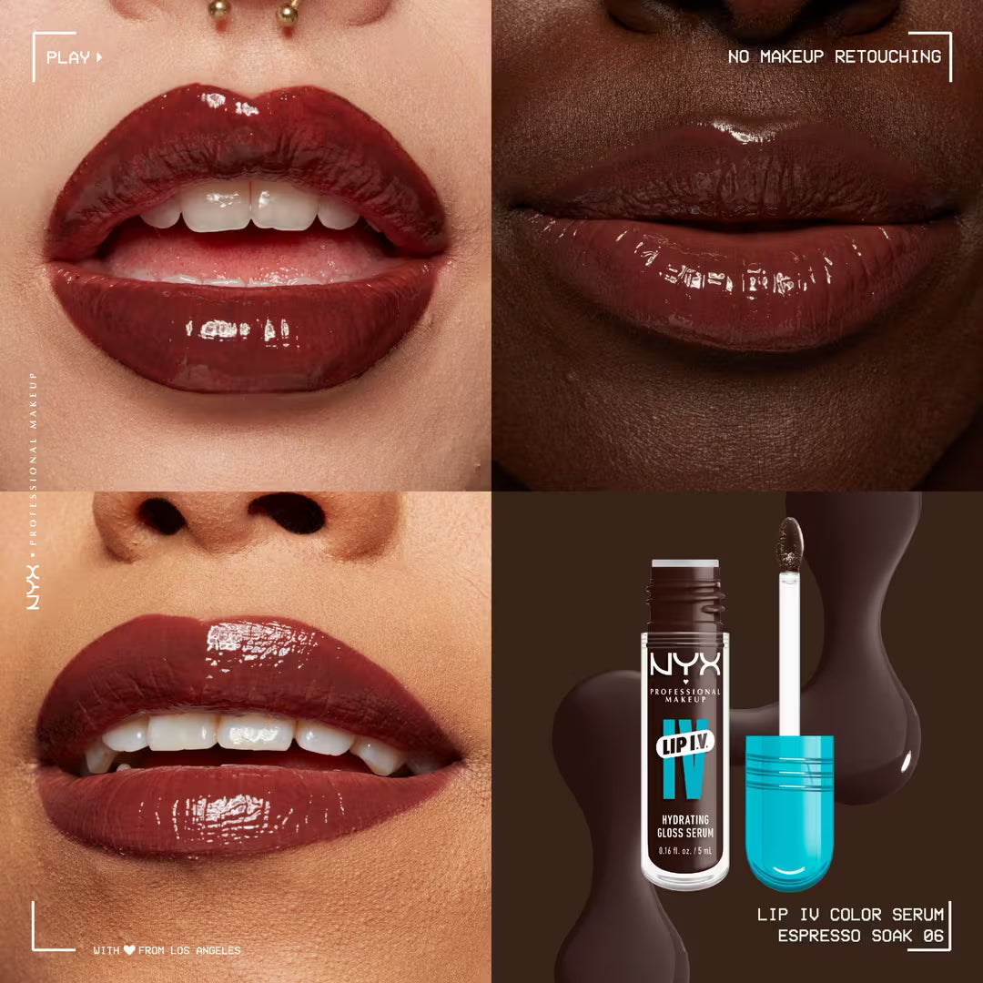 Collage of lips with NYX lip product and branding.