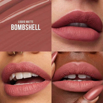 Lipstick shade 'Bombshell' shown on lips with close-up swatch.
