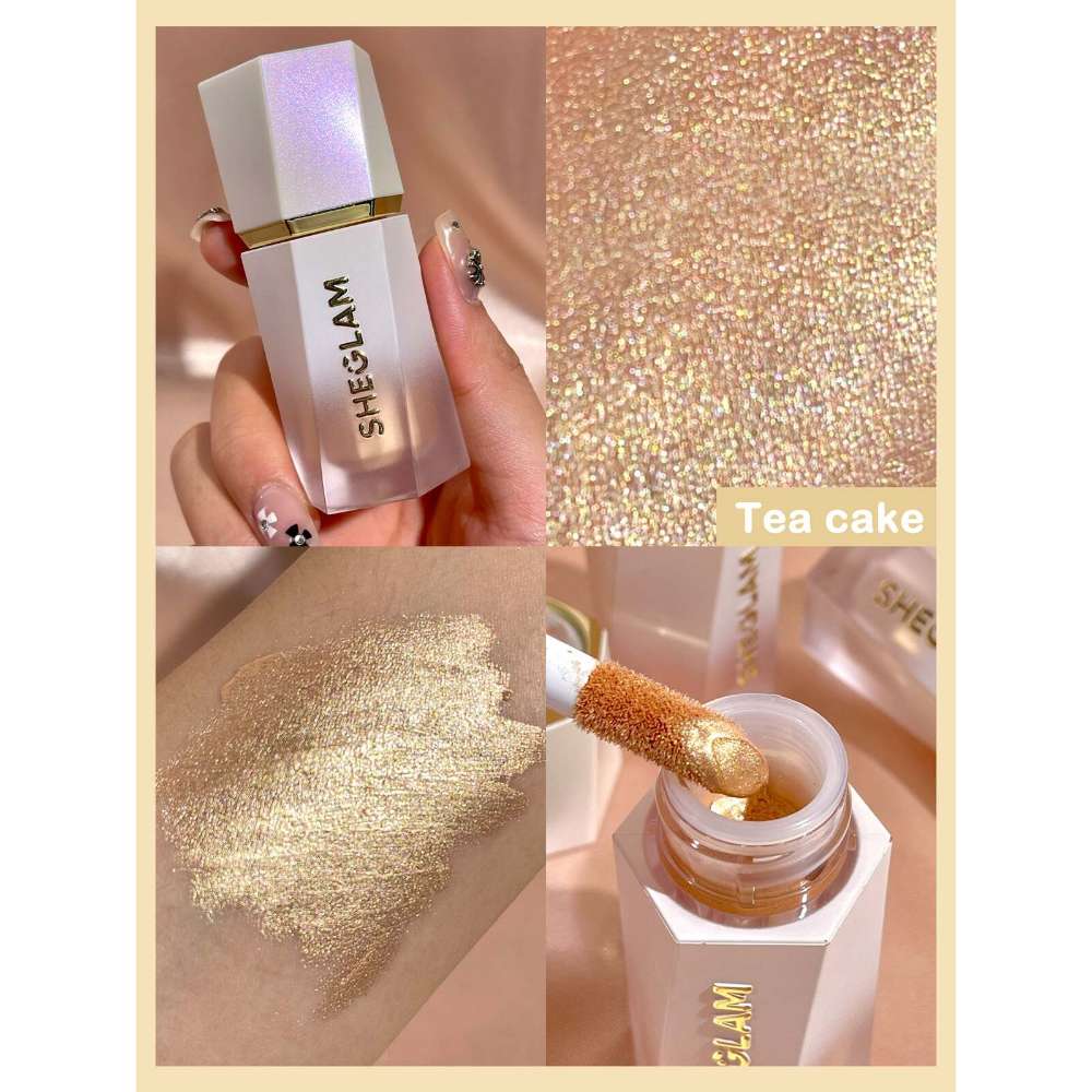 Collage of a cosmetic product with glittery texture labeled 'Tea cake' and 'SHEGLAM' branding.