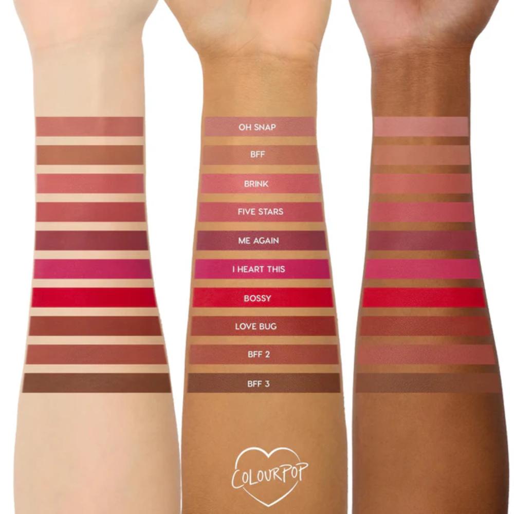 ColorPop makeup swatches on a white background