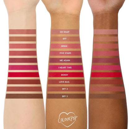 ColorPop makeup swatches on a white background