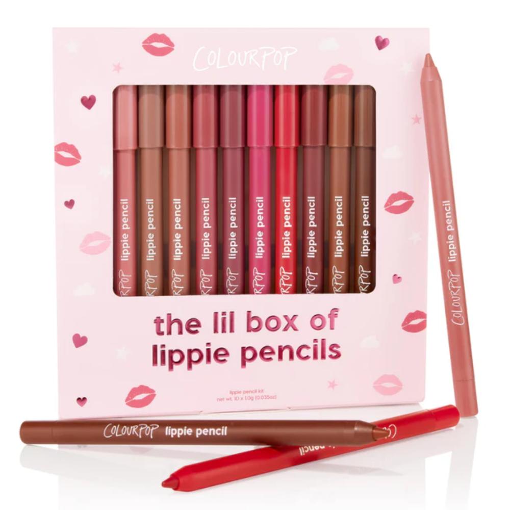 Set of ColourPop lippie pencils in a pink box with lip designs on a white background