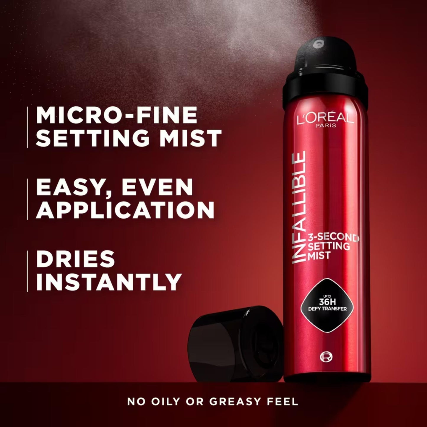 L'Oreal Infallible setting mist bottle with text on a red background