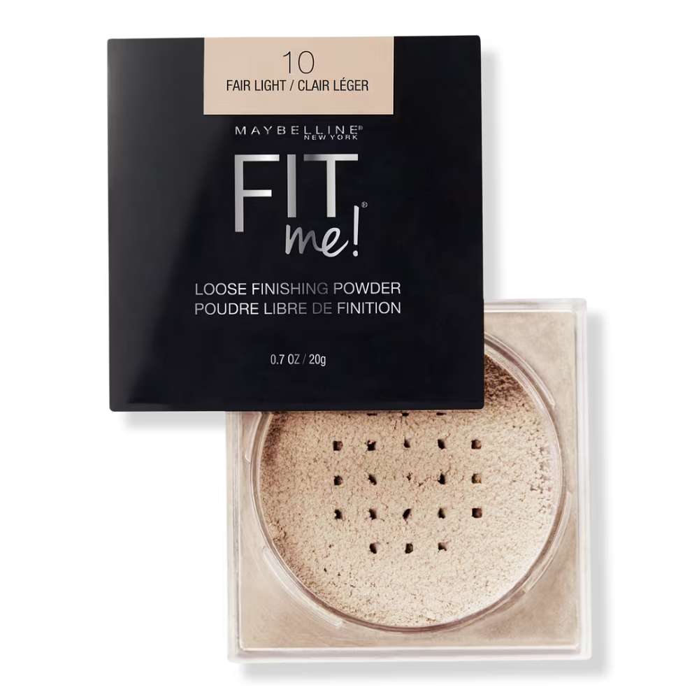 Maybelline Fit Me loose finishing powder with packaging on a white background