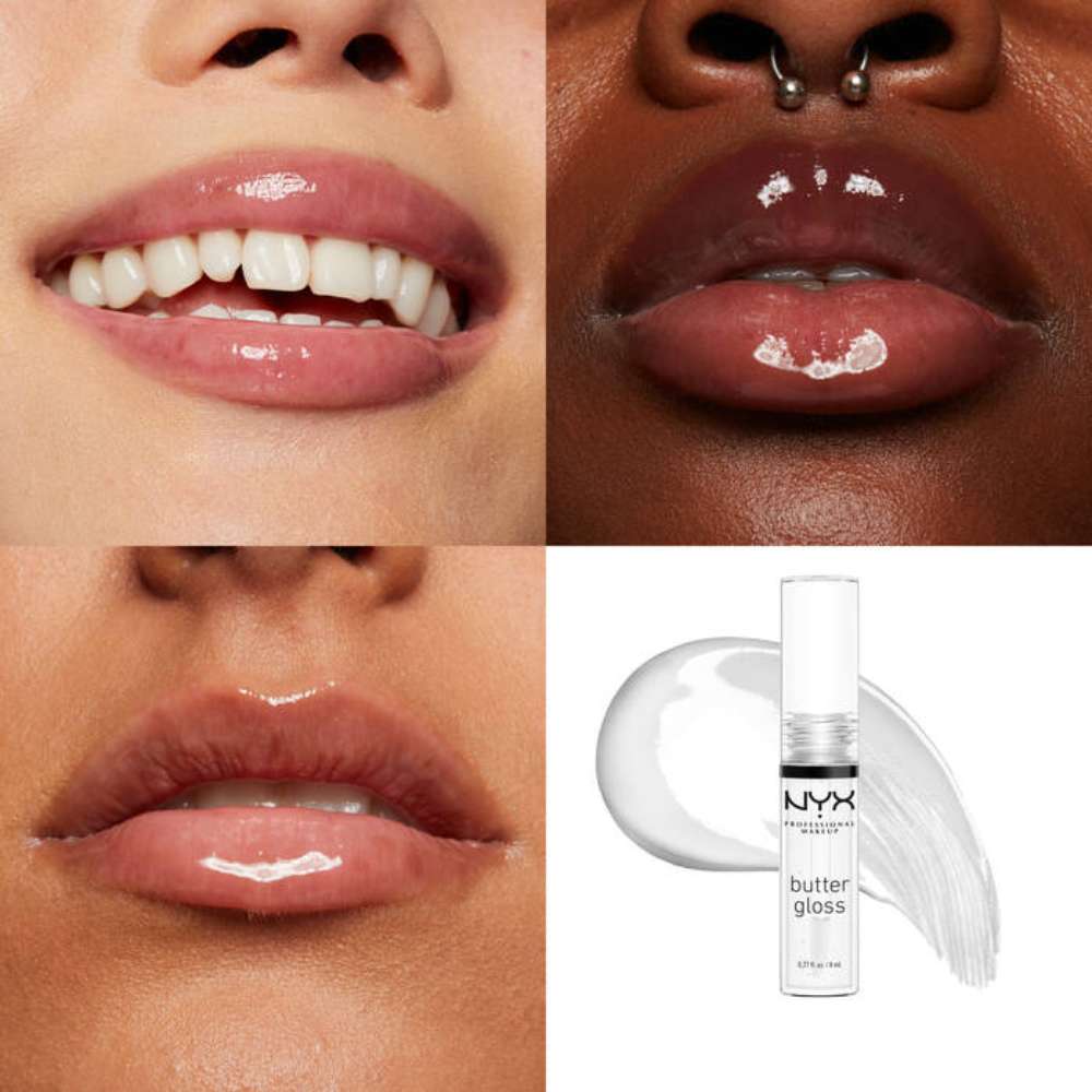 Close-up of lips with NYX Butter Gloss product on a white background