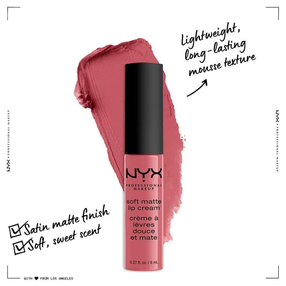 NYX soft matte lip cream with text highlighting features on a white background