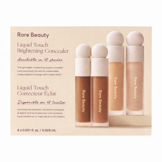 Three bottles of Rare Beauty liquid touch concealer on a beige background with product description text.