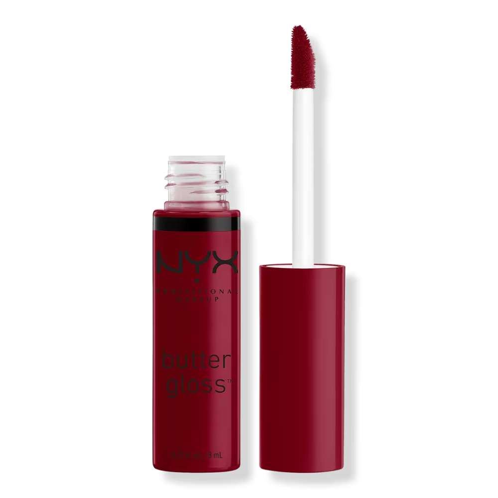 Red NYX butter glass lip gloss with applicator on a white background