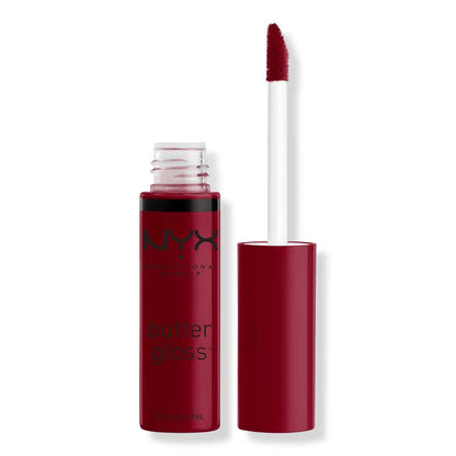 Red NYX butter glass lip gloss with applicator on a white background