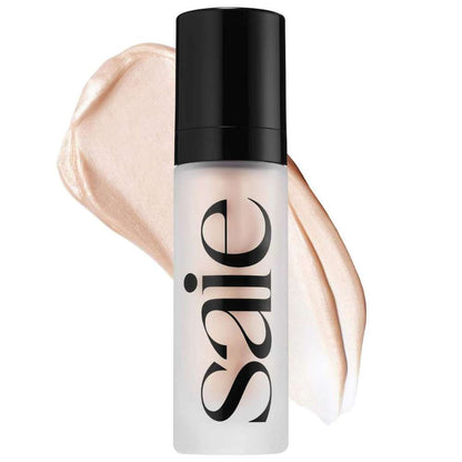 Saie foundation bottle with a swatch of foundation on a white background