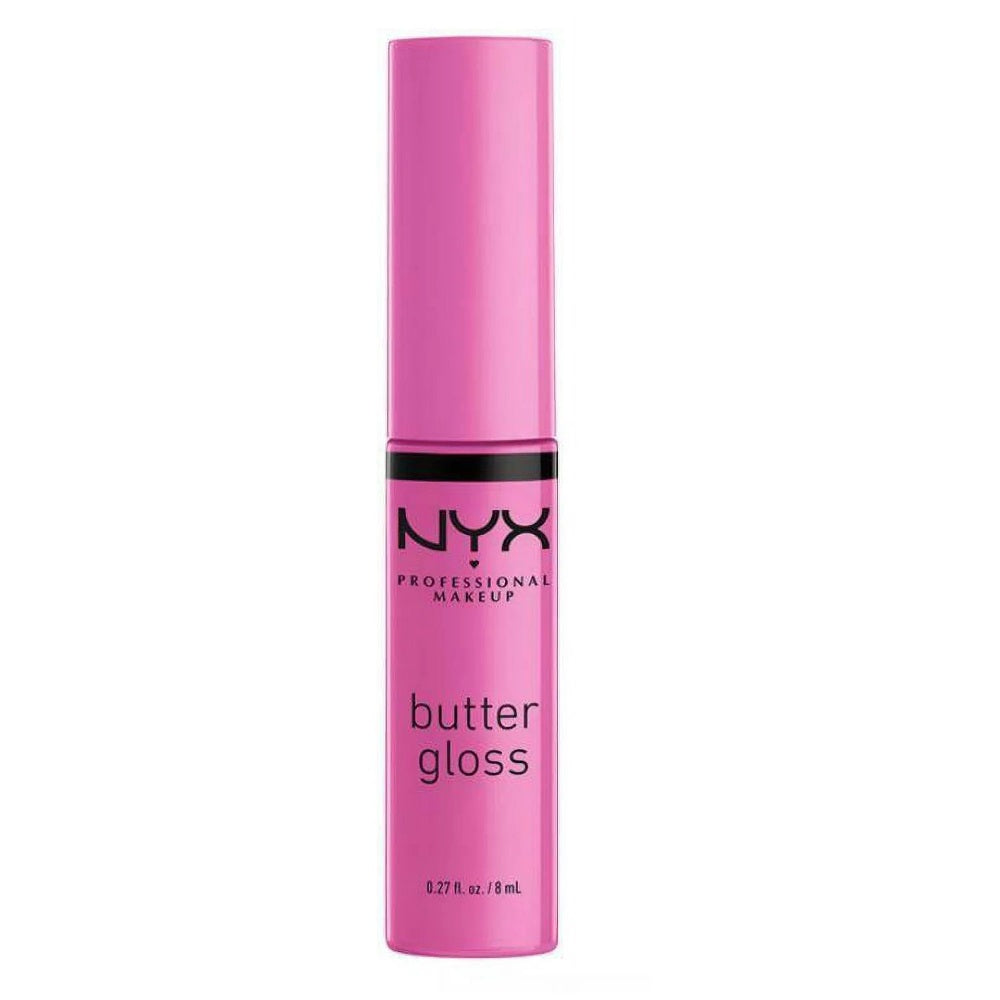 Pink NYX Professional Makeup butter gloss lip gloss on a white background