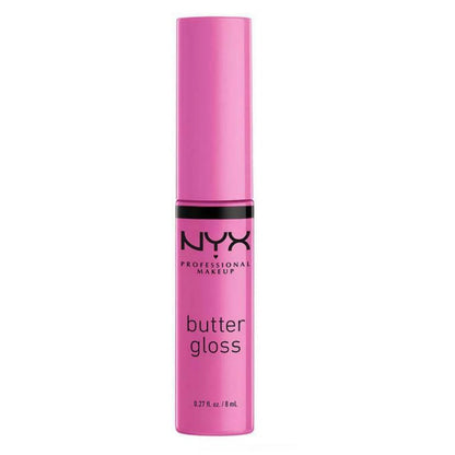 Pink NYX Professional Makeup butter gloss lip gloss on a white background