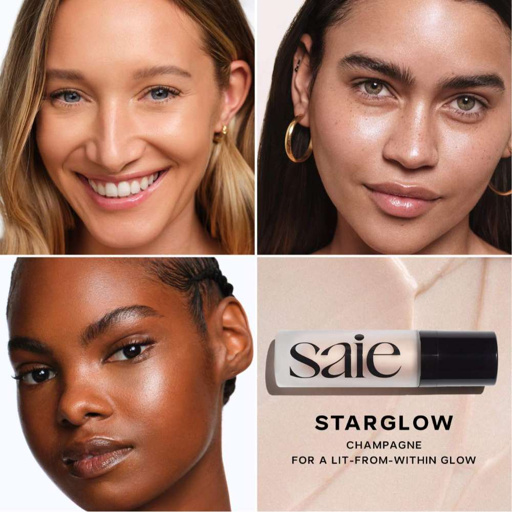Collage of three women's faces with a bottle of saie Starglow Champagne product.
