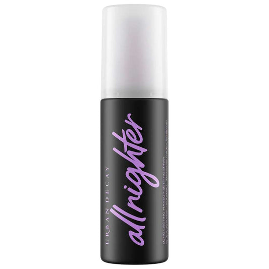 Black and white bottle of Urban Decay All Nighter setting spray on a white background